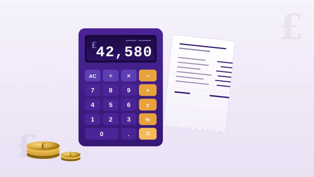 Calculator and receipt illustration representing how to calculate a UK settlement agreement payment.